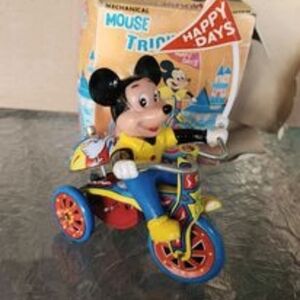Vintage Mickey Mouse Mechanical Tin Tricycle Wind-up Original Box Disney